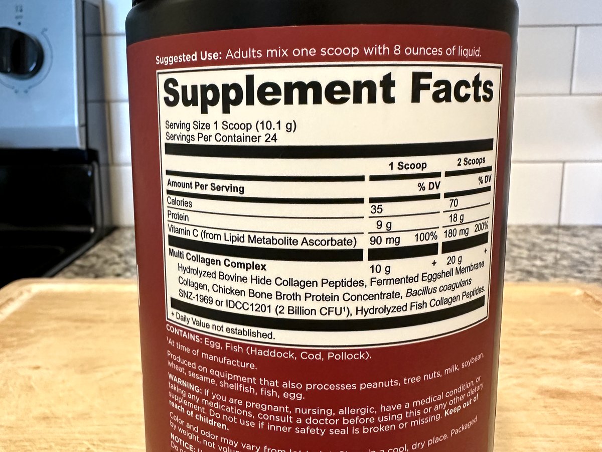Ancient Nutrition Multi Collagen Protein Supplement Facts: 1 scoop 10.1 g, 24 servings, per scoop 35 cal, 9 g protein, vitamin C 90 mg, Multi Collagen Complex 10 g; hydrolyzed bovine hide, fermented eggshell membrane, chicken bone broth, Bacillus coagulans, hydrolyzed fish collagen; contains egg and fish