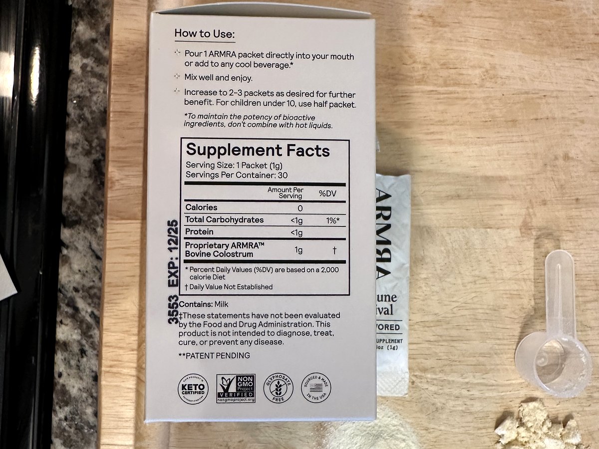 ARMRA Immune Revival box Supplement Facts: serving size 1 packet (1 g), 30 servings, Proprietary ARMRA Bovine Colostrum 1 g, contains milk, keto certified, non-GMO verified, glyphosate residue free