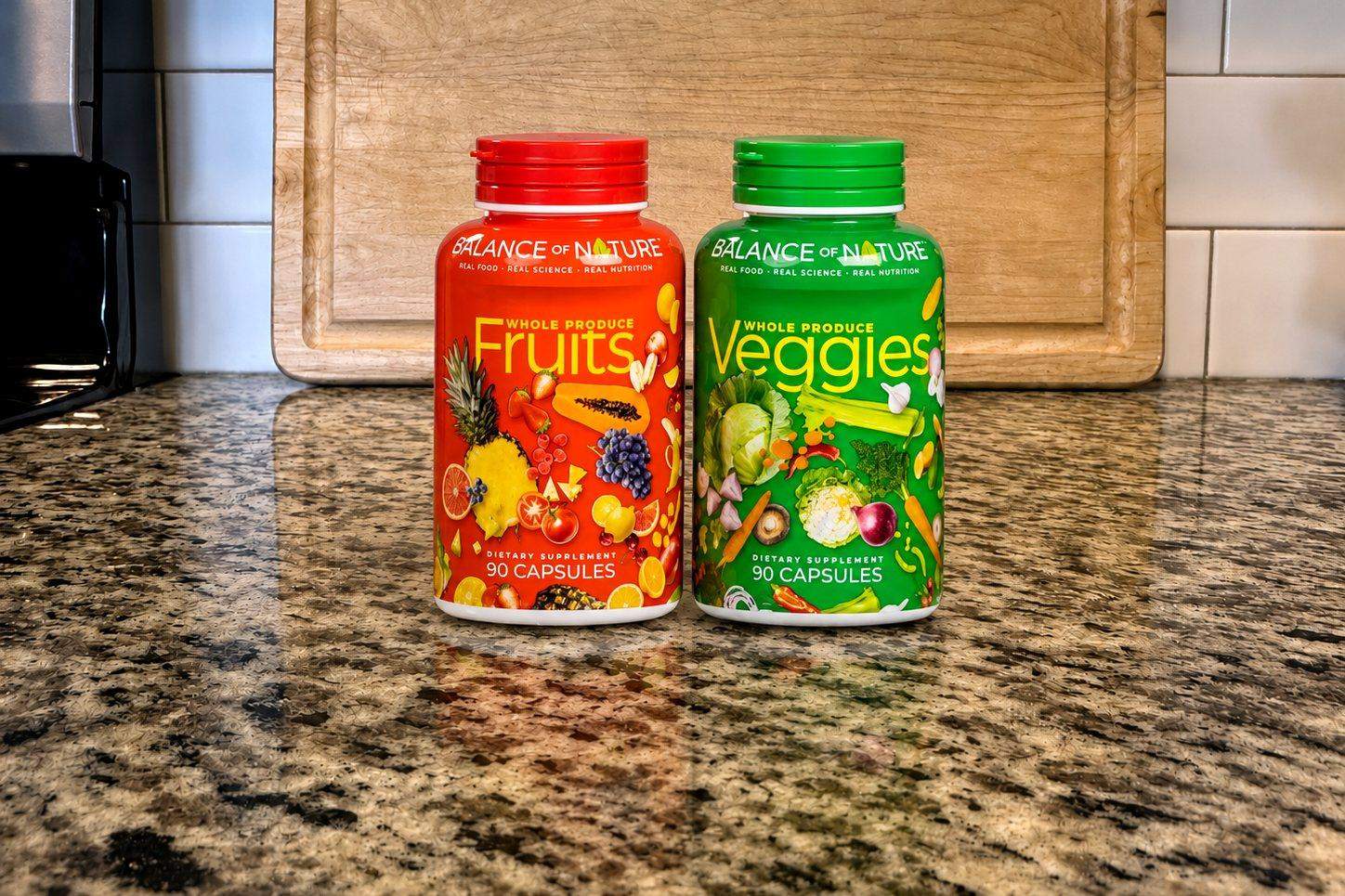 Balance of Nature Fruits and Veggies bottles, 90 capsules each, side by side on our kitchen counter