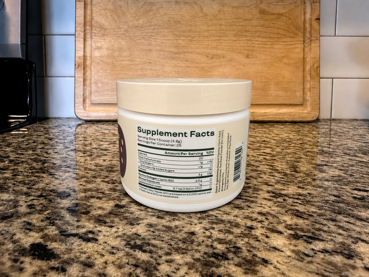Bloom Colostrum and Collagen Peptides Strawberries and Cream jar Supplement Facts: 1 scoop 4.8 g, 25 servings, 20 calories, bovine collagen types I and III 2.5 g, bovine colostrum 1 g, Lactobacillus casei 6.7 mg 2 billion CFU