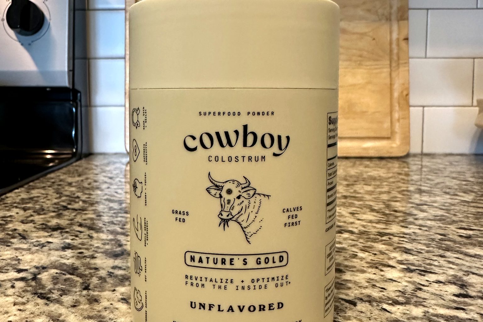 The Cowboy Colostrum Nature's Gold tube we purchased, photographed on a kitchen counter