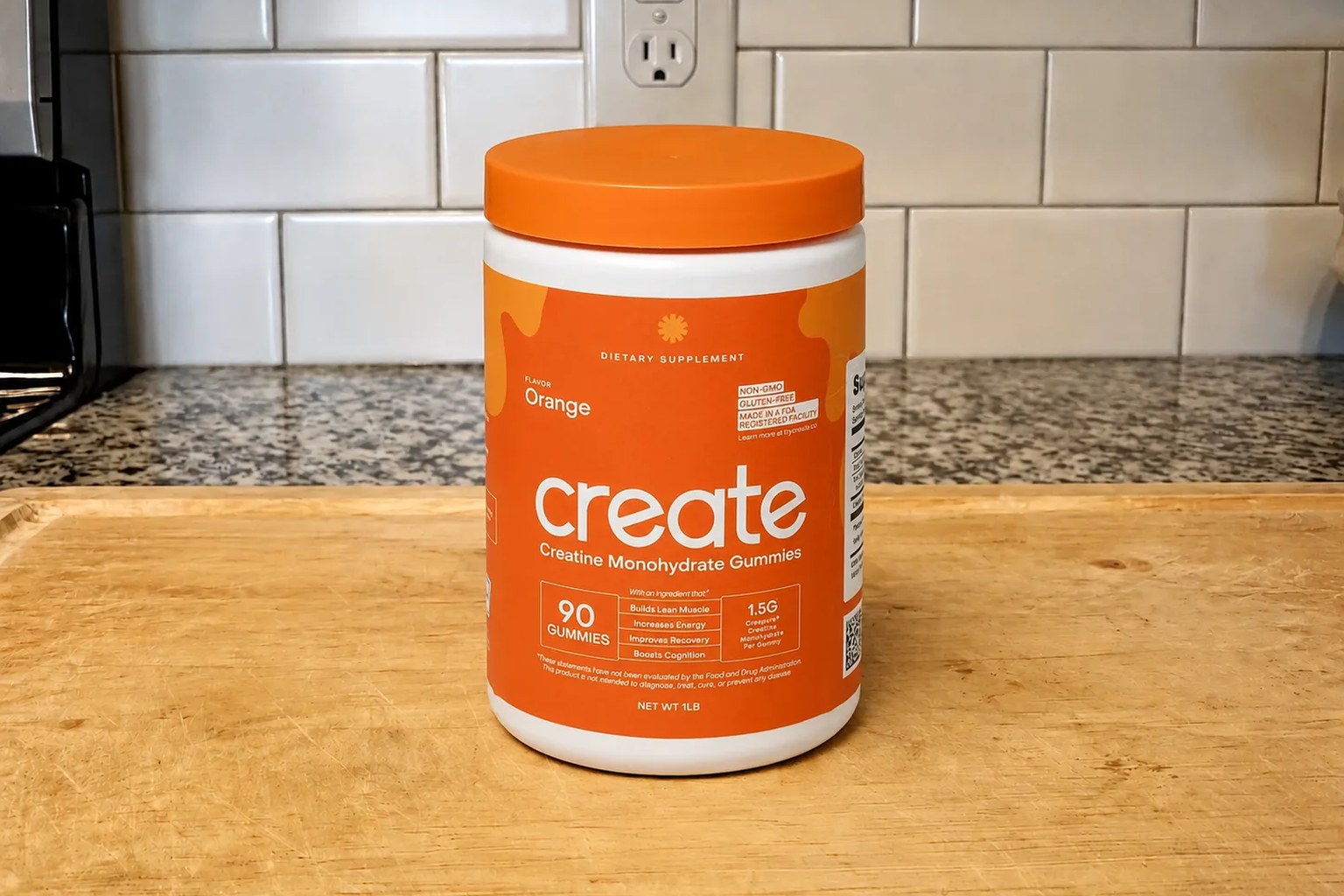 A tub of Create Creatine Gummies on our kitchen counter, 90 gummies, 30-day supply