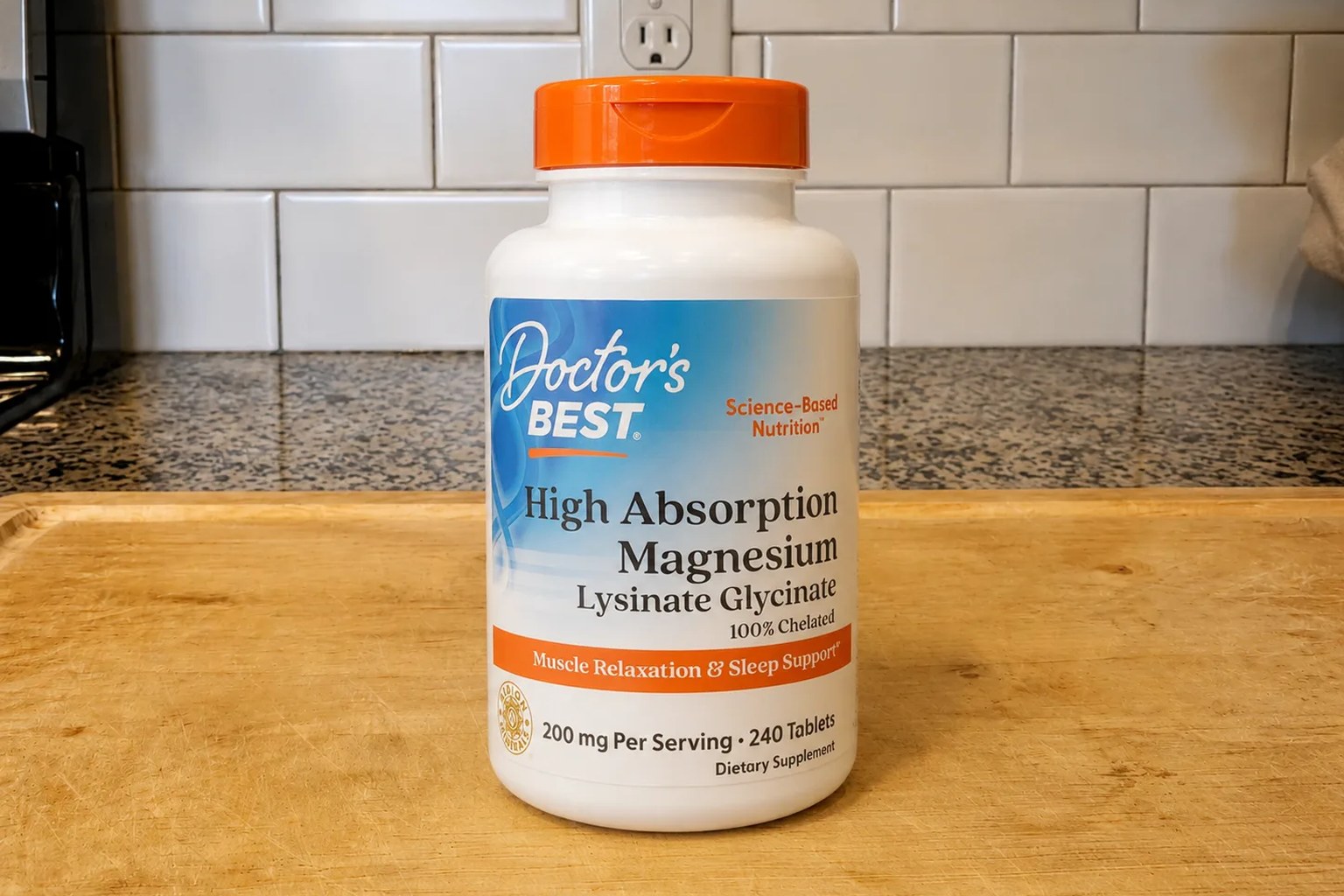 A bottle of Doctor&rsquo;s Best High Absorption Magnesium on our kitchen counter, 240-tablet supply