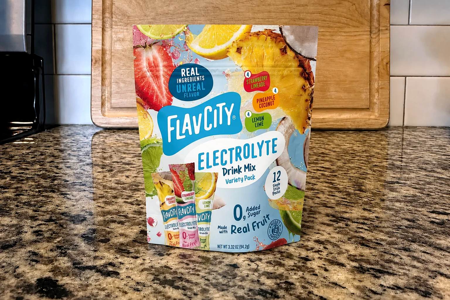 A FlavCity Electrolyte variety-pack pouch on our counter, 12 single stick packs