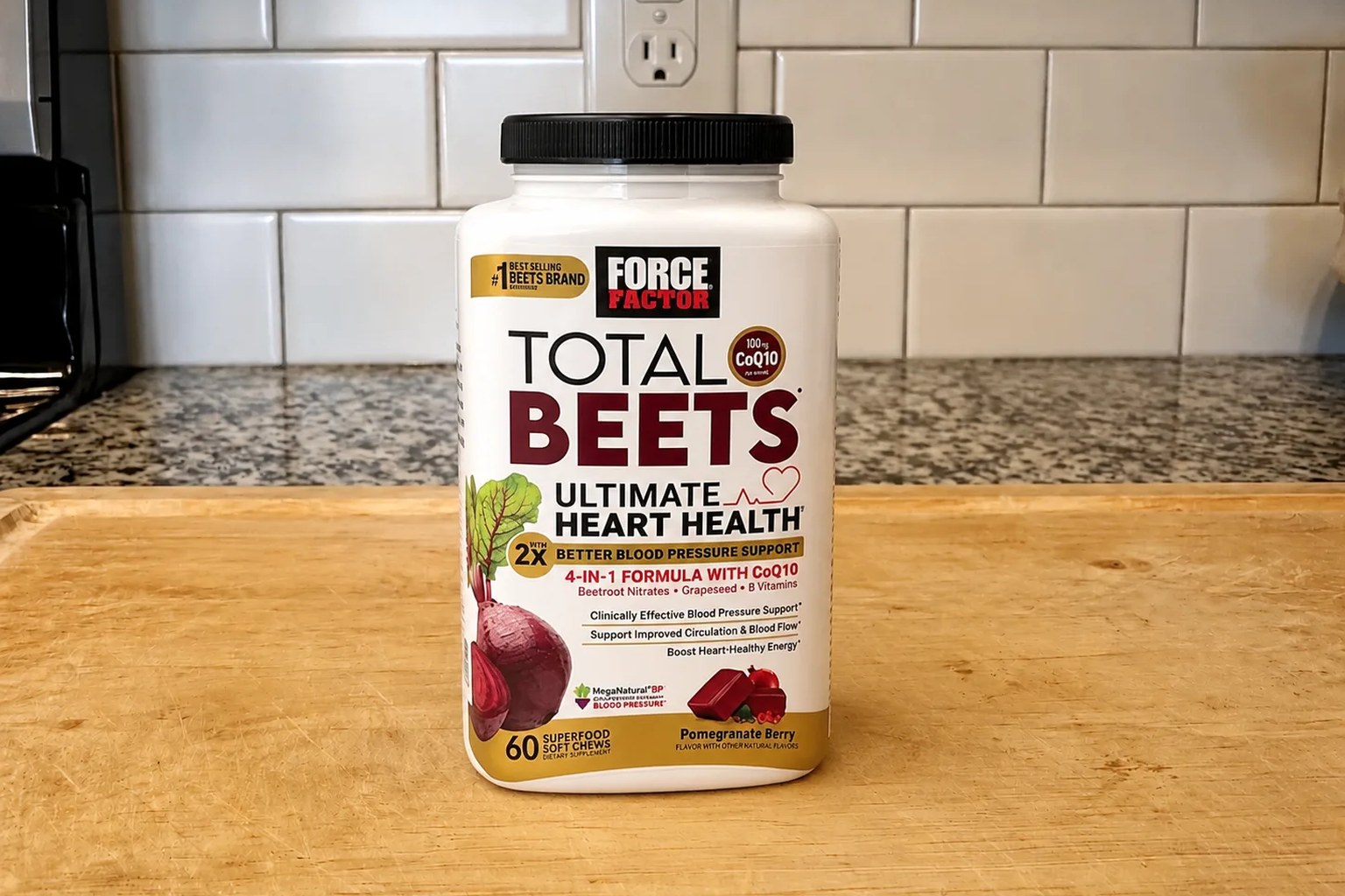 A Force Factor Total Beets bottle of berry soft chews on our kitchen counter, 60-chew supply