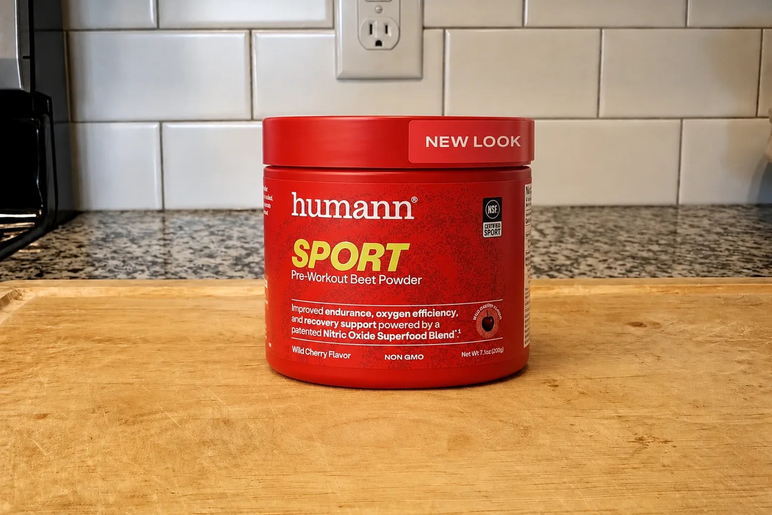 A HumanN BeetElite (SuperBeets Sport) canister on our kitchen counter, 20-serving supply