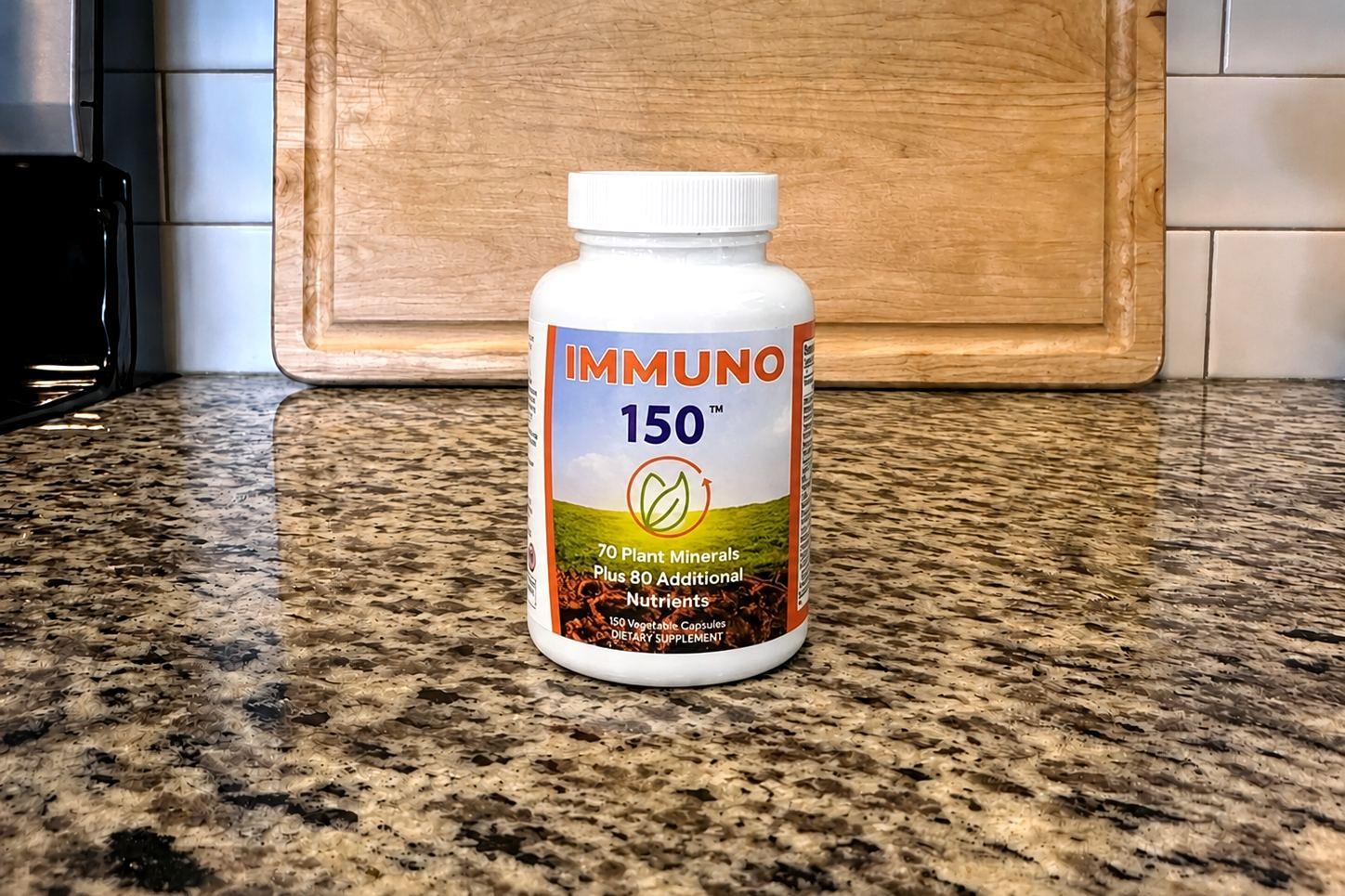 Immuno 150 bottle on our kitchen counter — 70 plant minerals plus 80 additional nutrients, 150 vegetable capsules