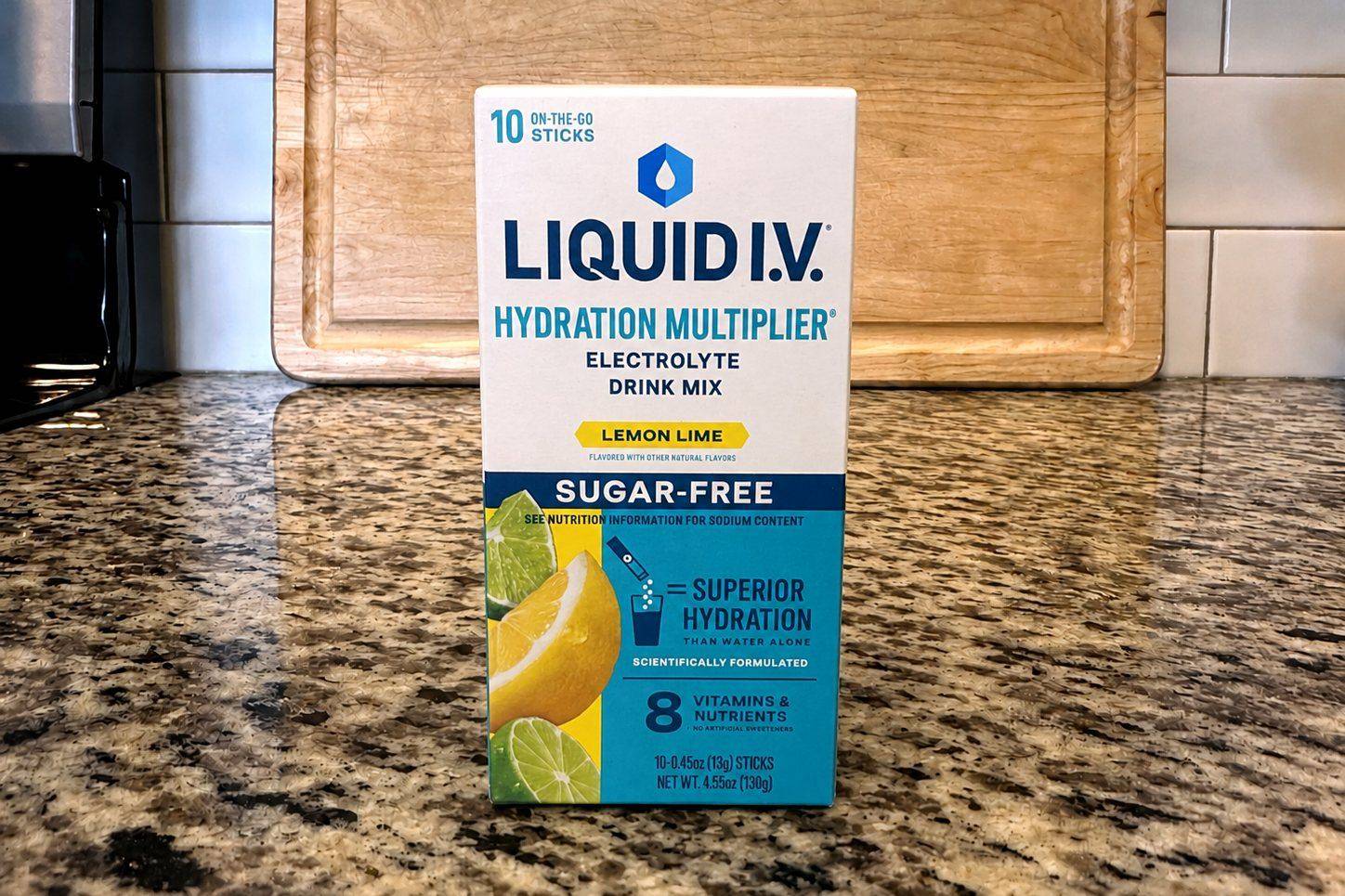 Liquid I.V. Hydration Multiplier Sugar-Free Lemon Lime 10-stick box on our kitchen counter