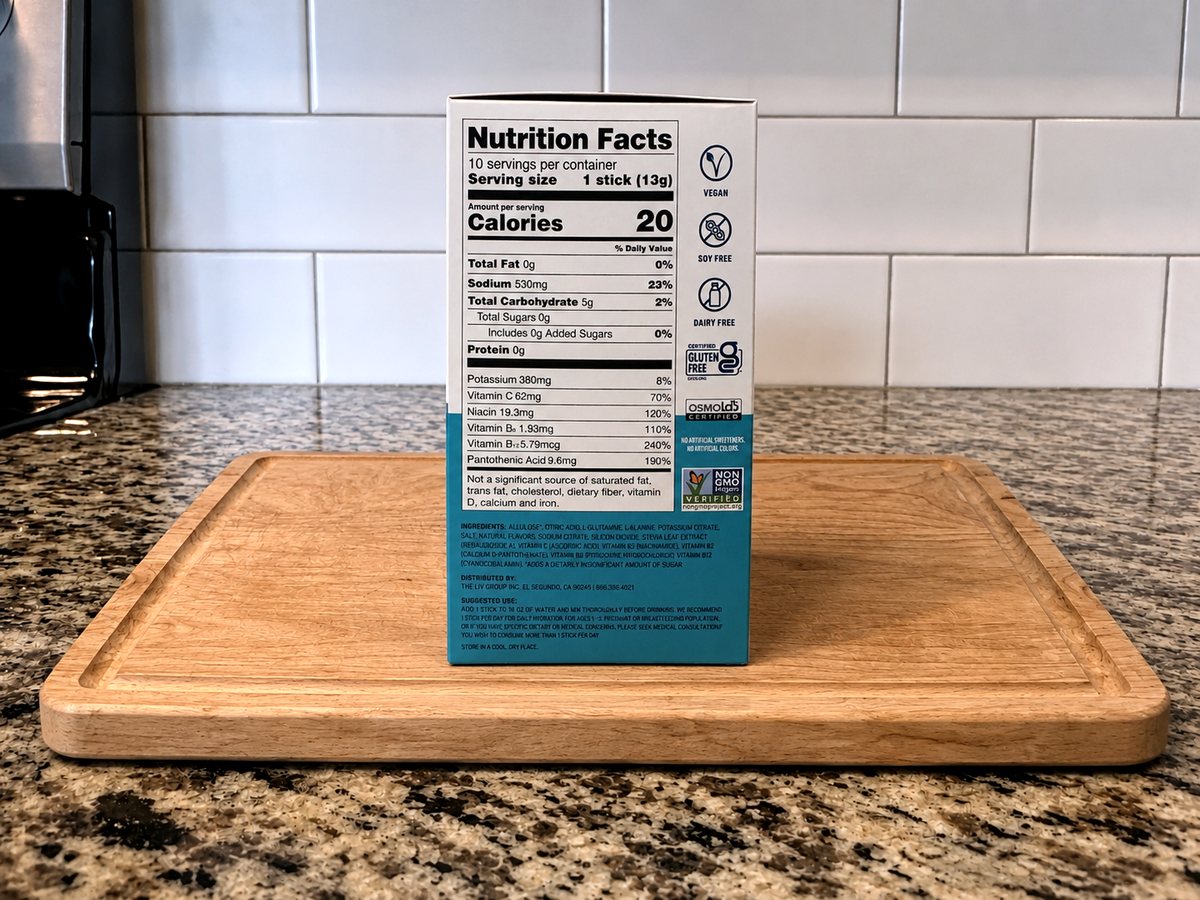 Liquid I.V. Hydration Multiplier Sugar-Free box Nutrition Facts: 1 stick 13 g, 10 servings, 20 calories, sodium 530 mg, potassium 380 mg, 0 g sugar, with vitamin C, niacin, B6, B12 and pantothenic acid; allulose-based ingredient list