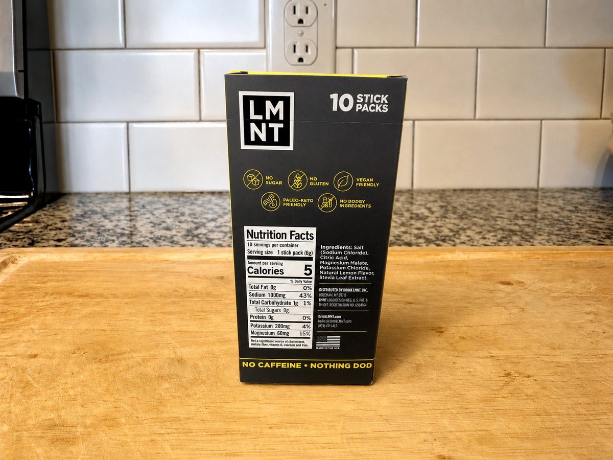 LMNT Lemonade Salt box Nutrition Facts panel: 1 stick pack 6 g, 10 servings, 5 calories, sodium 1,000 mg, potassium 200 mg, magnesium 60 mg, 0 g sugar, ingredients salt, citric acid, magnesium malate, potassium chloride, natural lemon flavor, stevia leaf extract