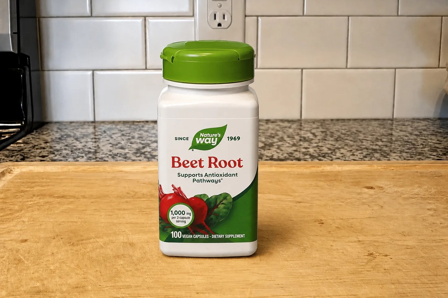 A Nature&rsquo;s Way Beet Root bottle on our kitchen counter, 100-capsule, 50-serving supply