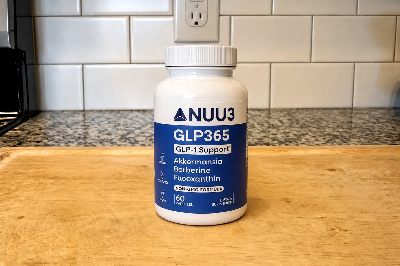 A NUU3 GLP365 bottle on our counter, GLP-1 Support, 60 capsules