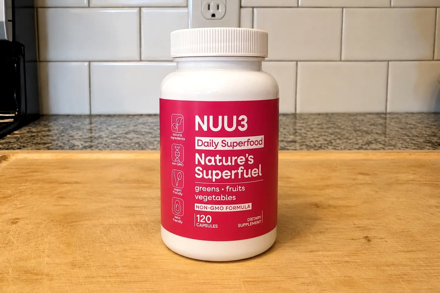 A NUU3 Nature&rsquo;s Superfuel bottle on our counter, Daily Superfood, 120 capsules