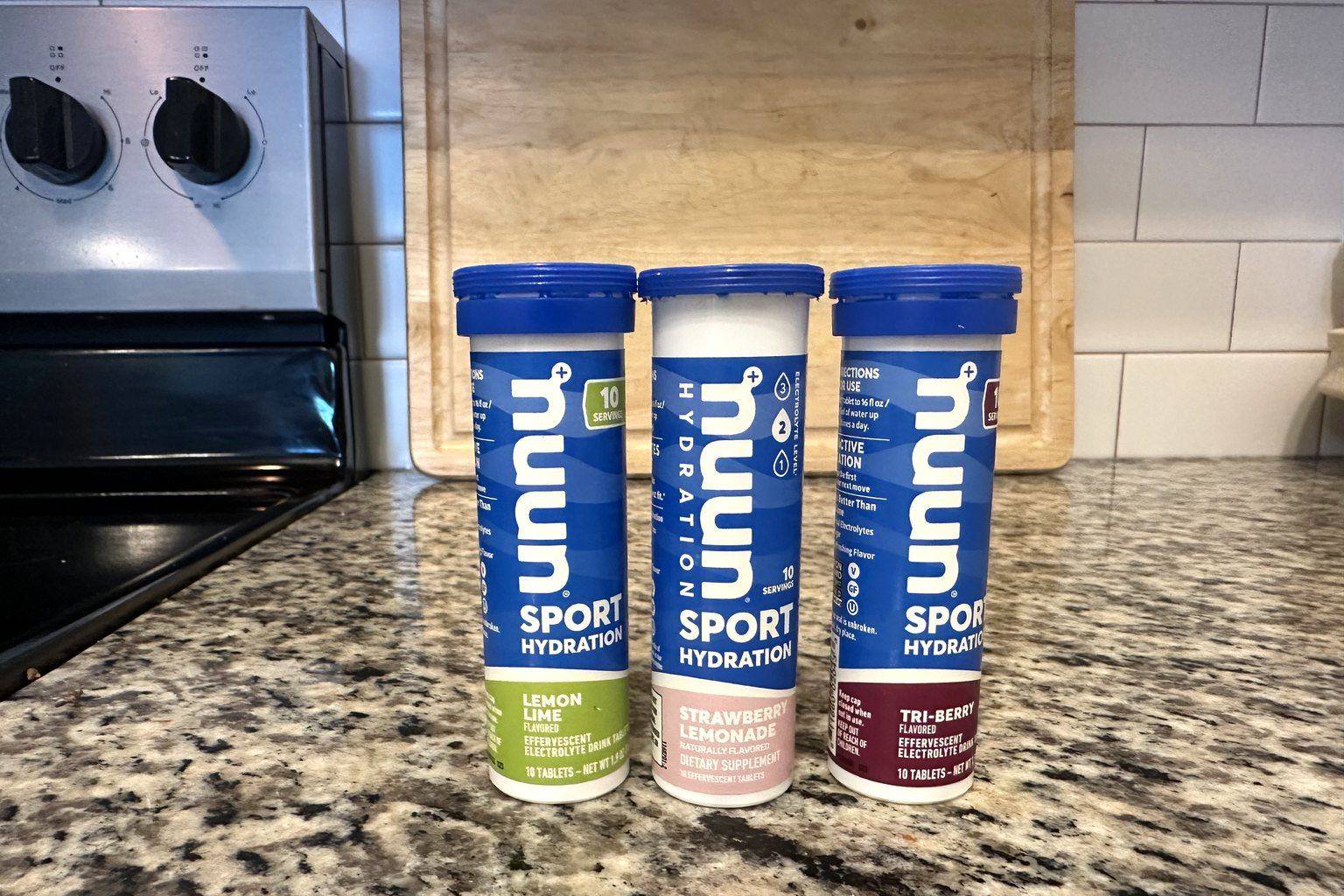 Three Nuun Sport tubes on our counter — Lemon Lime, Strawberry Lemonade and Tri-Berry flavors