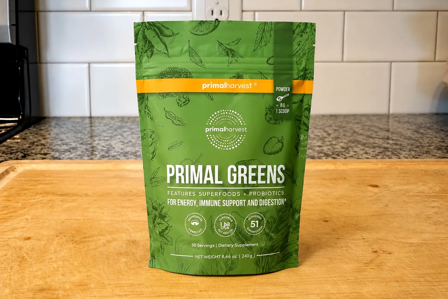 A Primal Greens pouch by Primal Harvest on our counter, 30 servings, 240 g