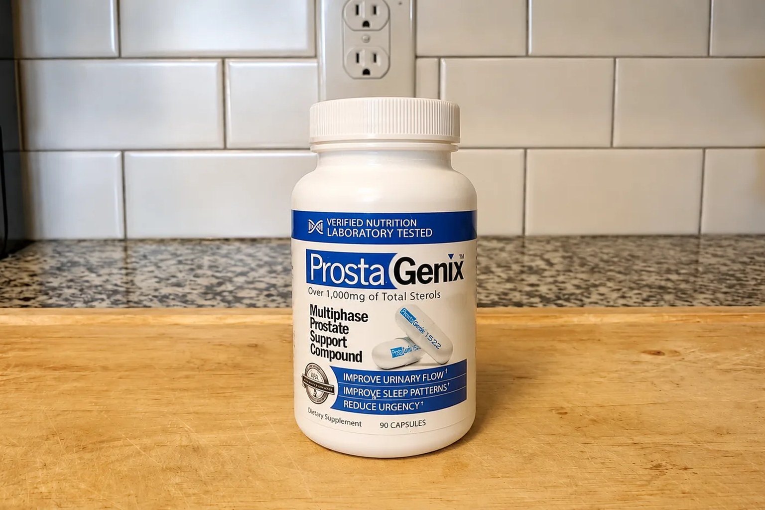 A ProstaGenix bottle by Verified Nutrition on our kitchen counter, 90-capsule, 30-serving supply