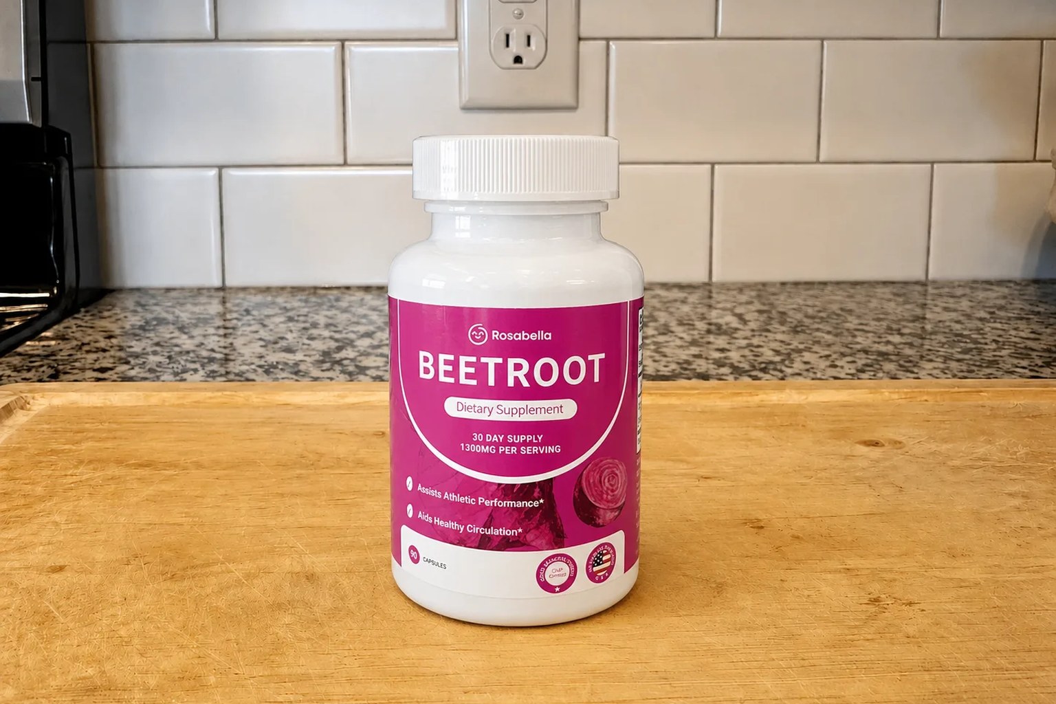 A Rosabella Beetroot bottle on our kitchen counter, 60-capsule, 30-serving supply