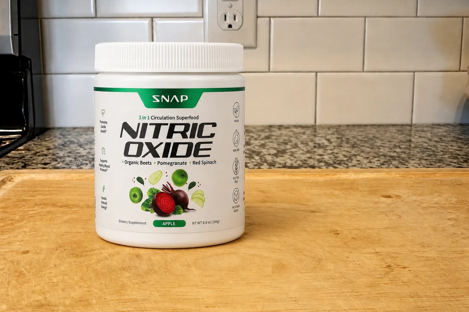 A Snap Nitric Oxide Organic Beets pouch on our kitchen counter, 30-serving supply