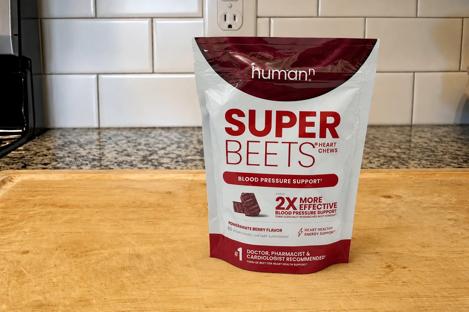 A SuperBeets canister by HumanN on our kitchen counter, 30-serving beetroot powder