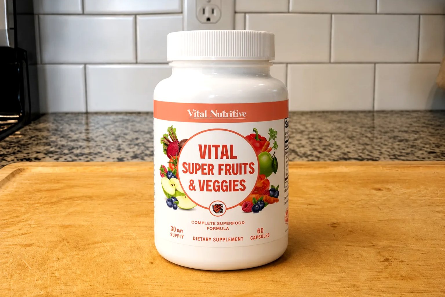 A Vital Super Fruits & Veggies bottle by Vital Nutritive on our counter, 60 capsules