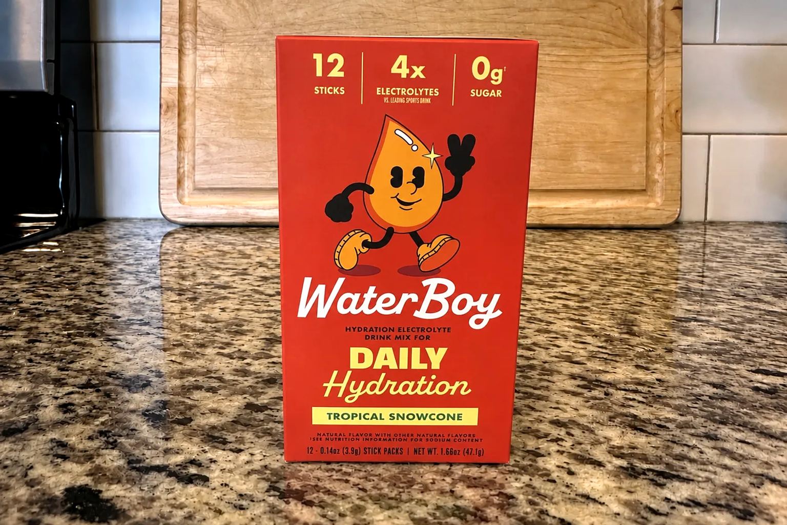 A Waterboy Daily Hydration box, Tropical Snowcone, 12 sticks, on our counter